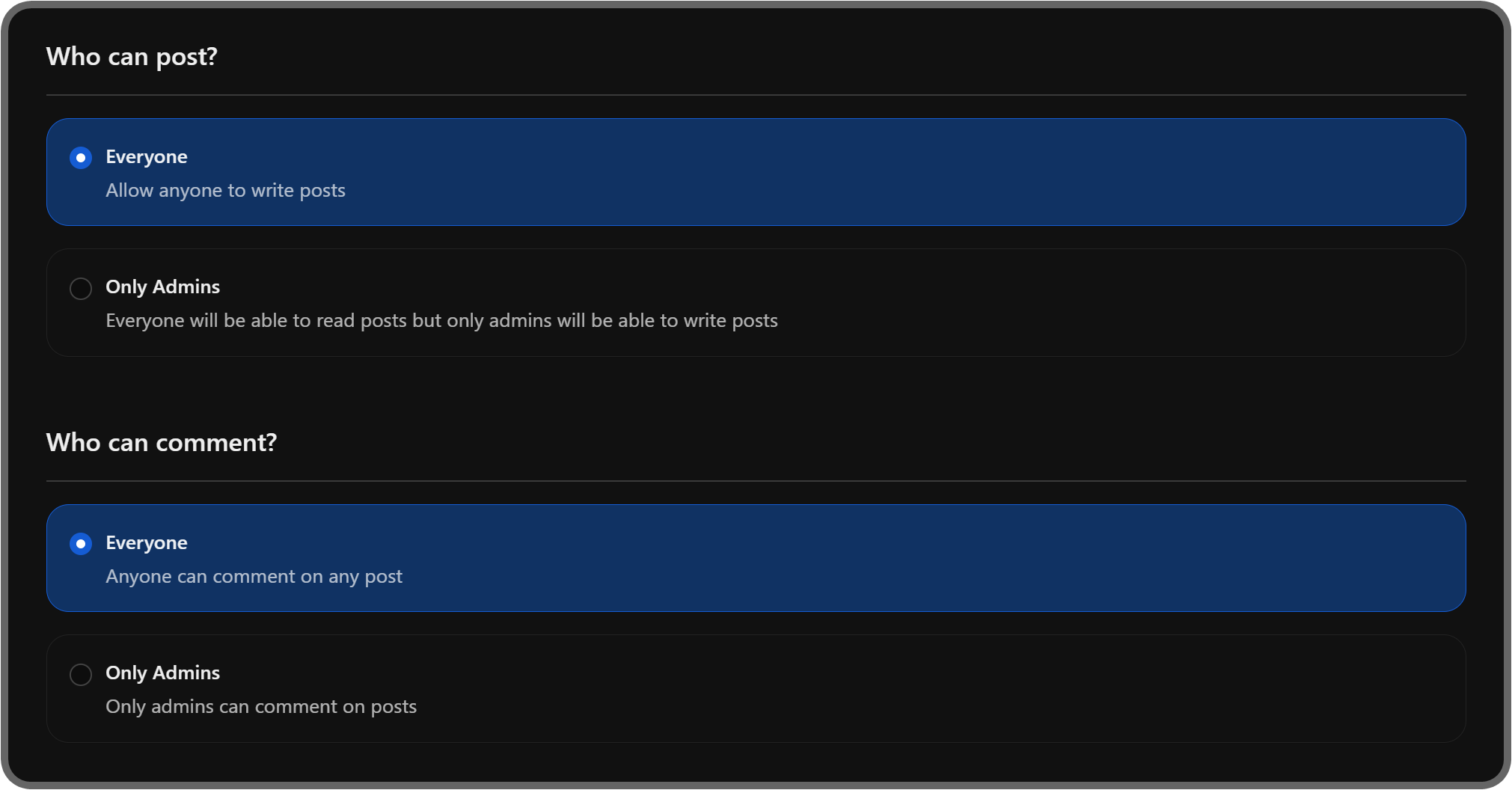 Who can post and who can comment settings of the Announcements app on Whop