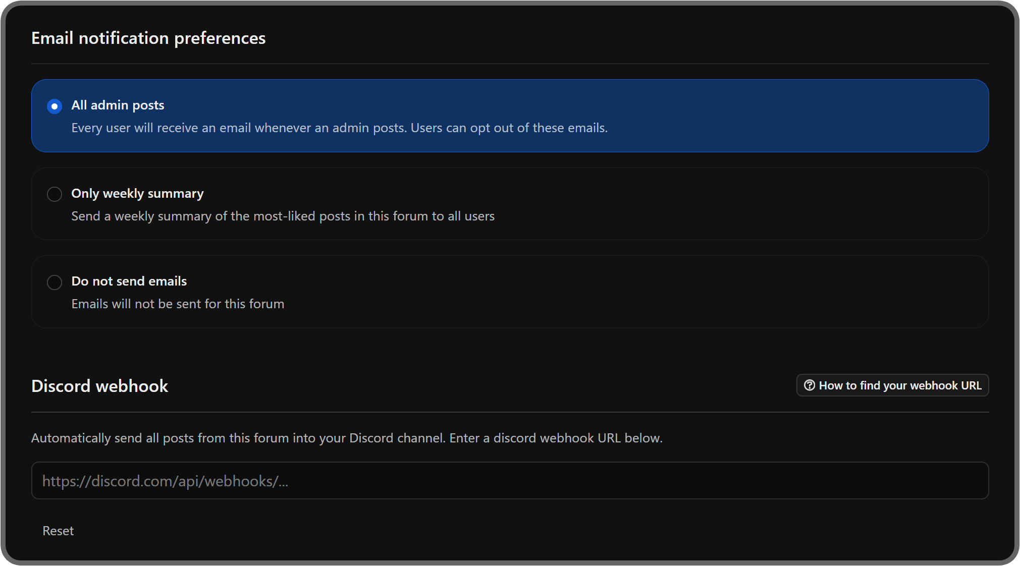 Email notification preferences and Discord webhook settings of the Announcements app on Whop
