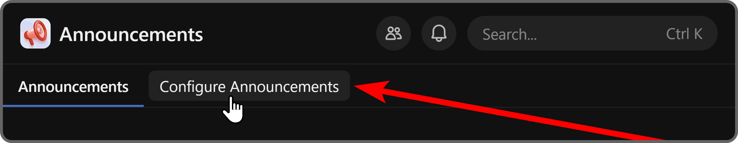The Configure Announcements button of the Announcements app on Whop
