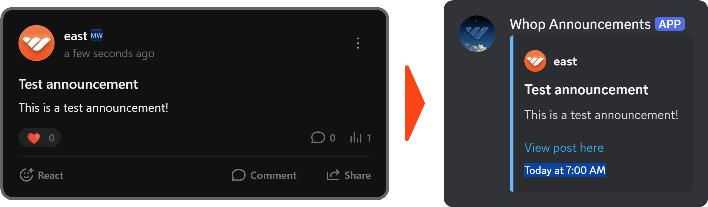 An Announcement post on Whop and its mirror on Discord via webhook