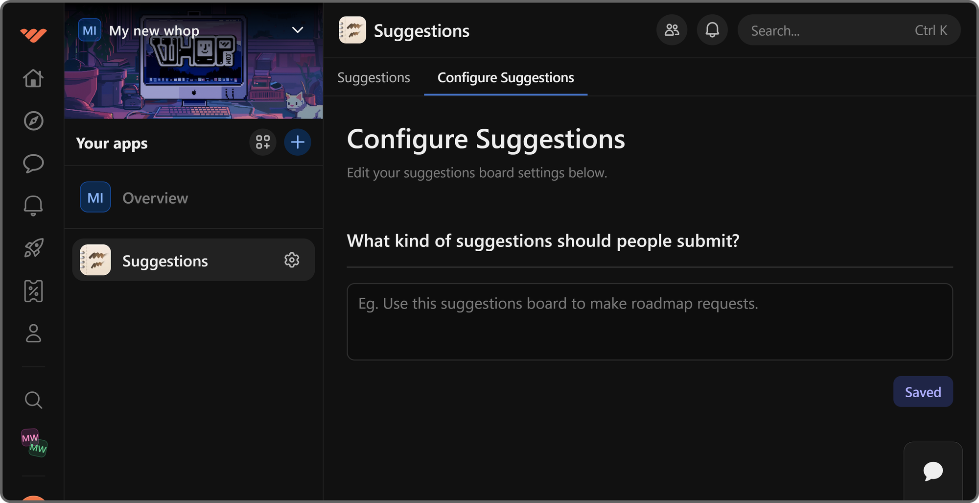 The configuration view of the Suggestions app on Whop
