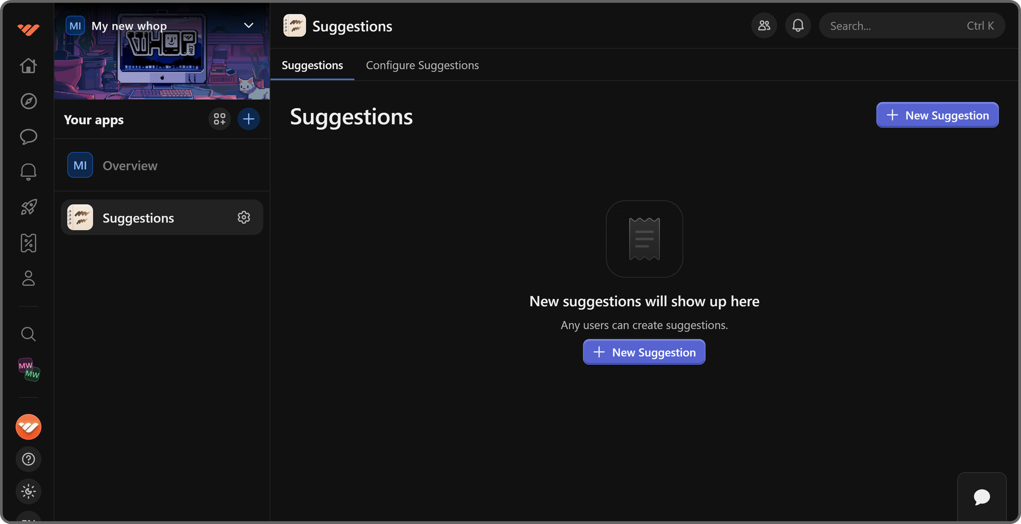 The regular view of the Suggestions app on Whop