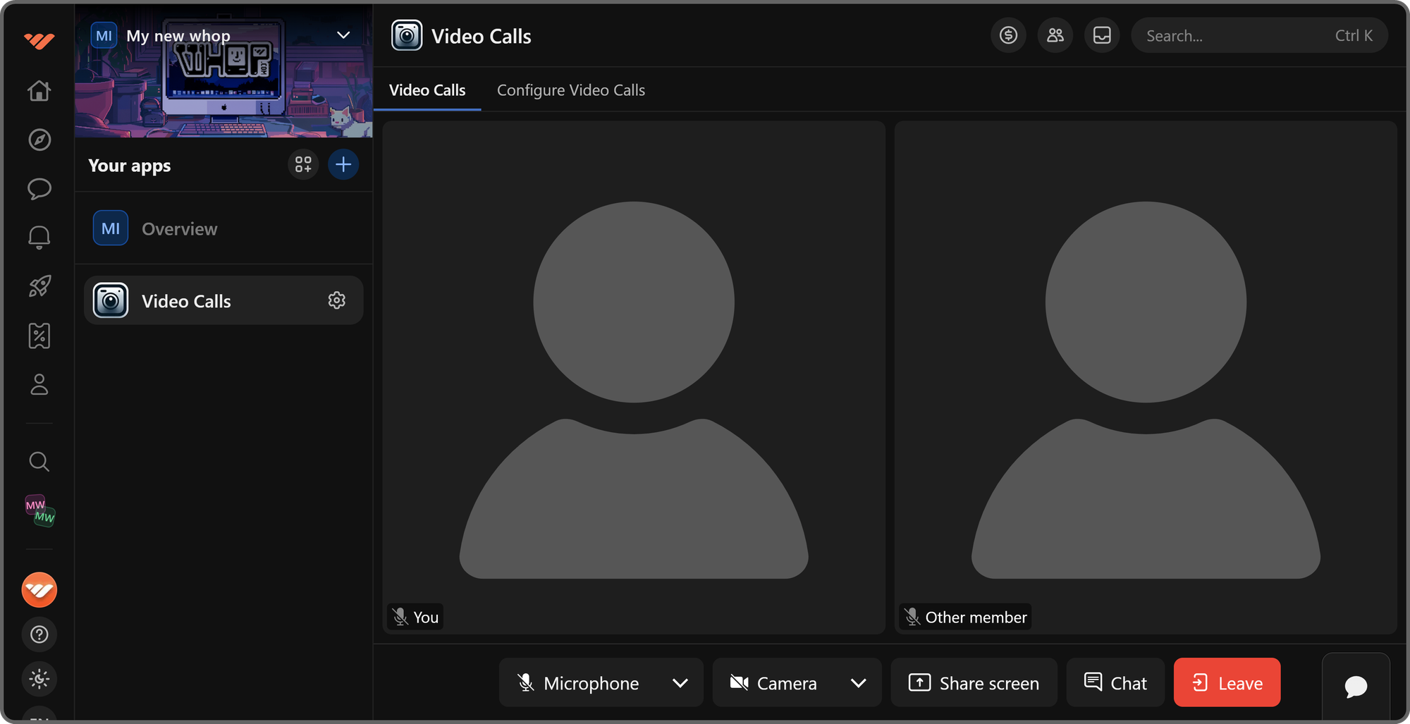 The in-call view of the Video Calls app on Whop