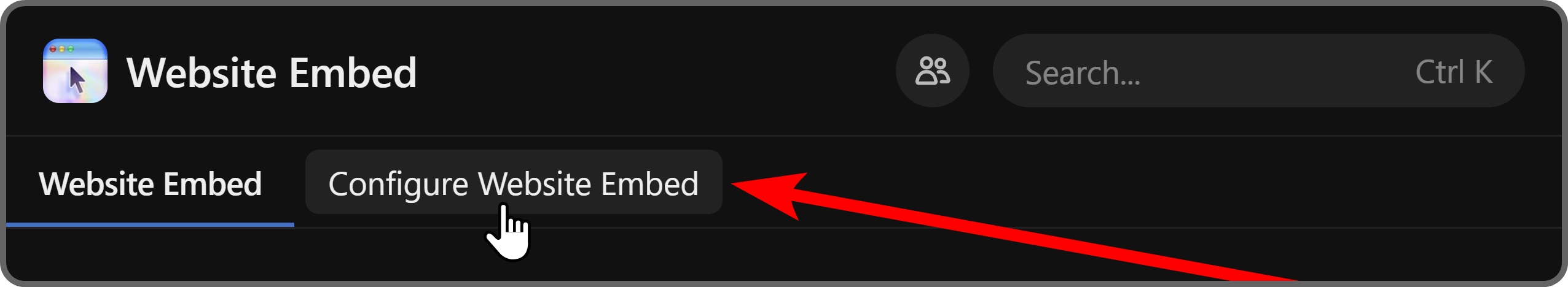 The Cofigure Website Embed button of the Website Embed app on Whop