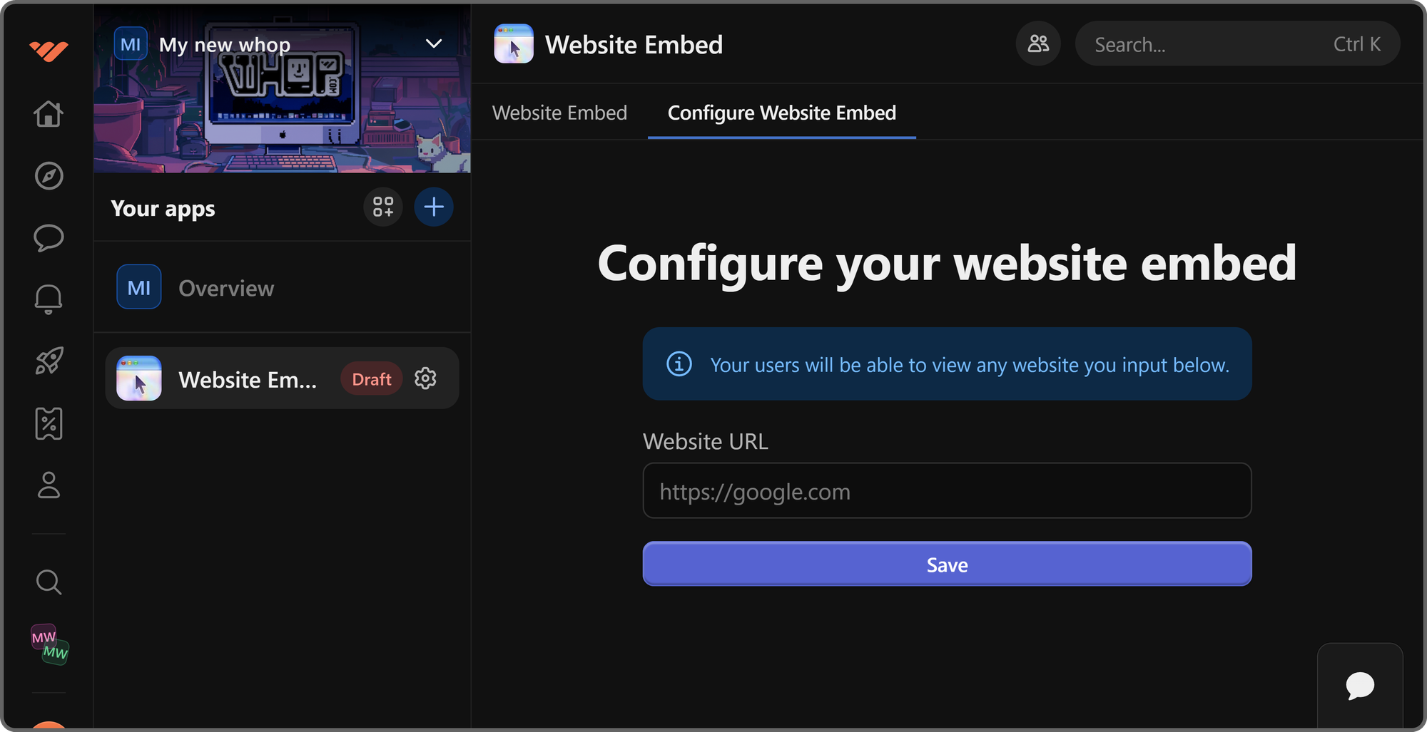 The configuration screen of the Website Embed app on Whop
