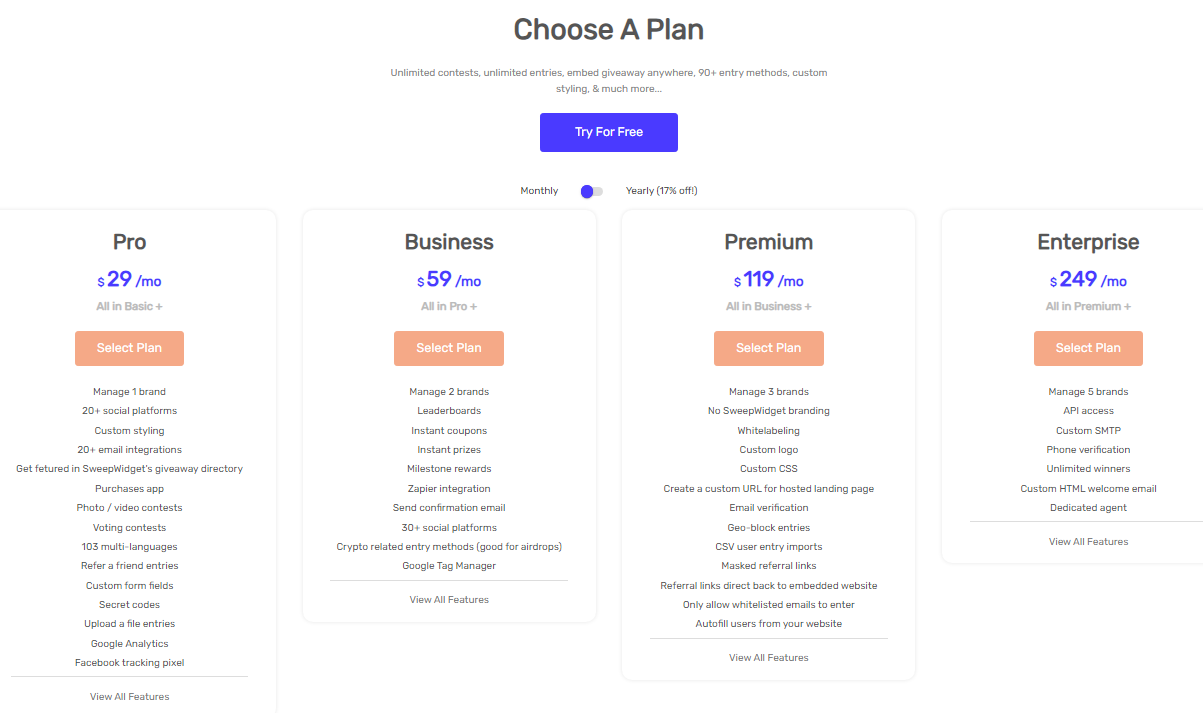 sweep widget pricing