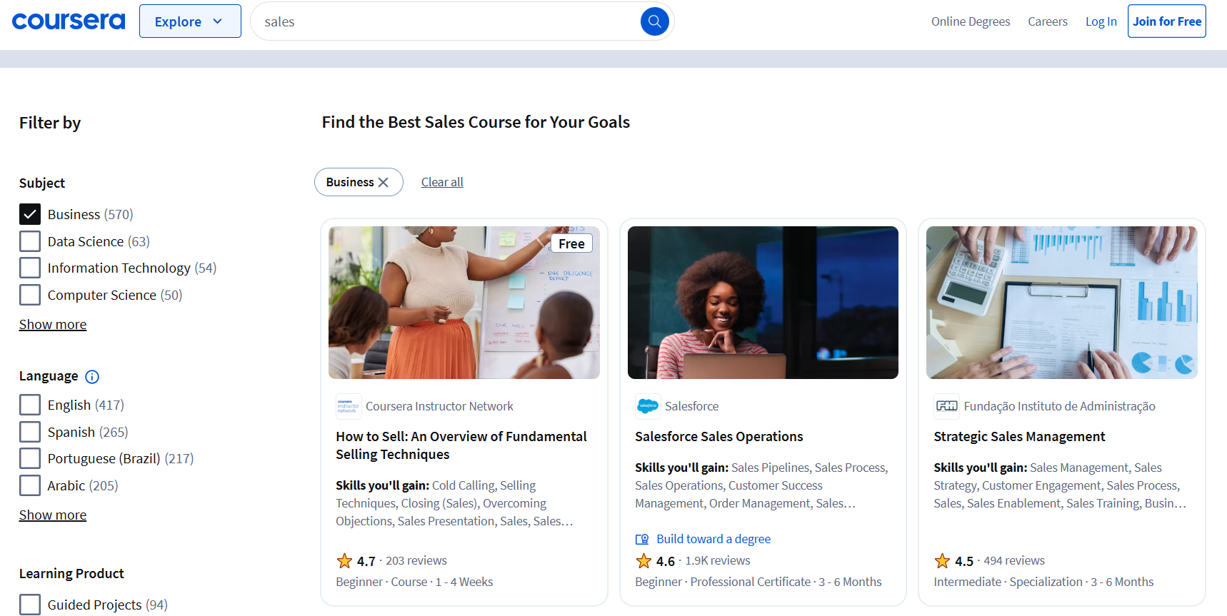 Coursera business page