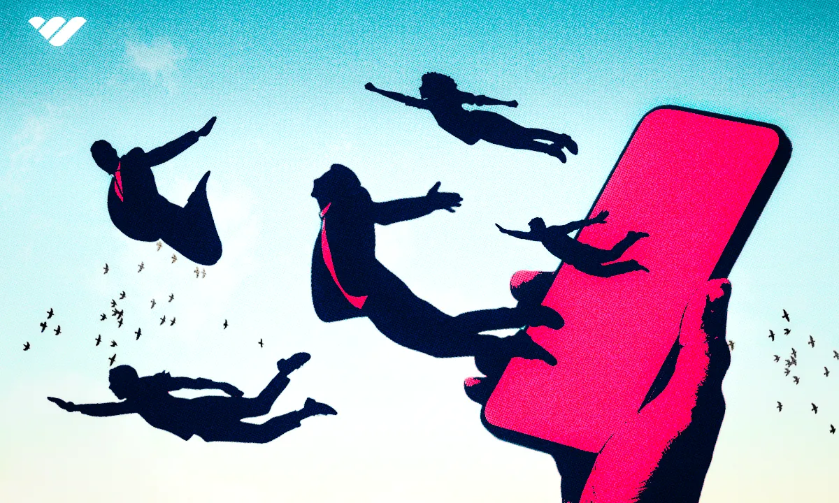 group of people jumping out of phone