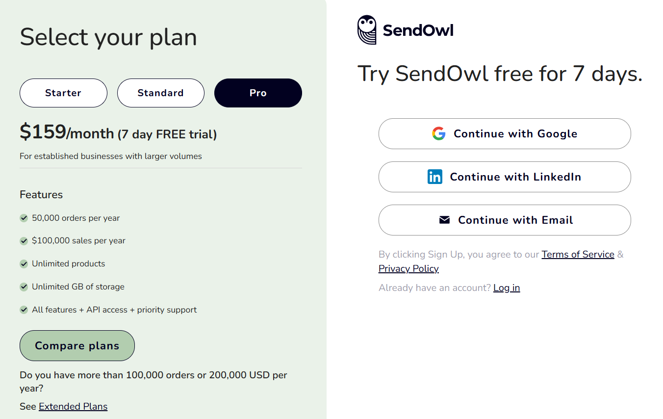 SendOwl sign up page