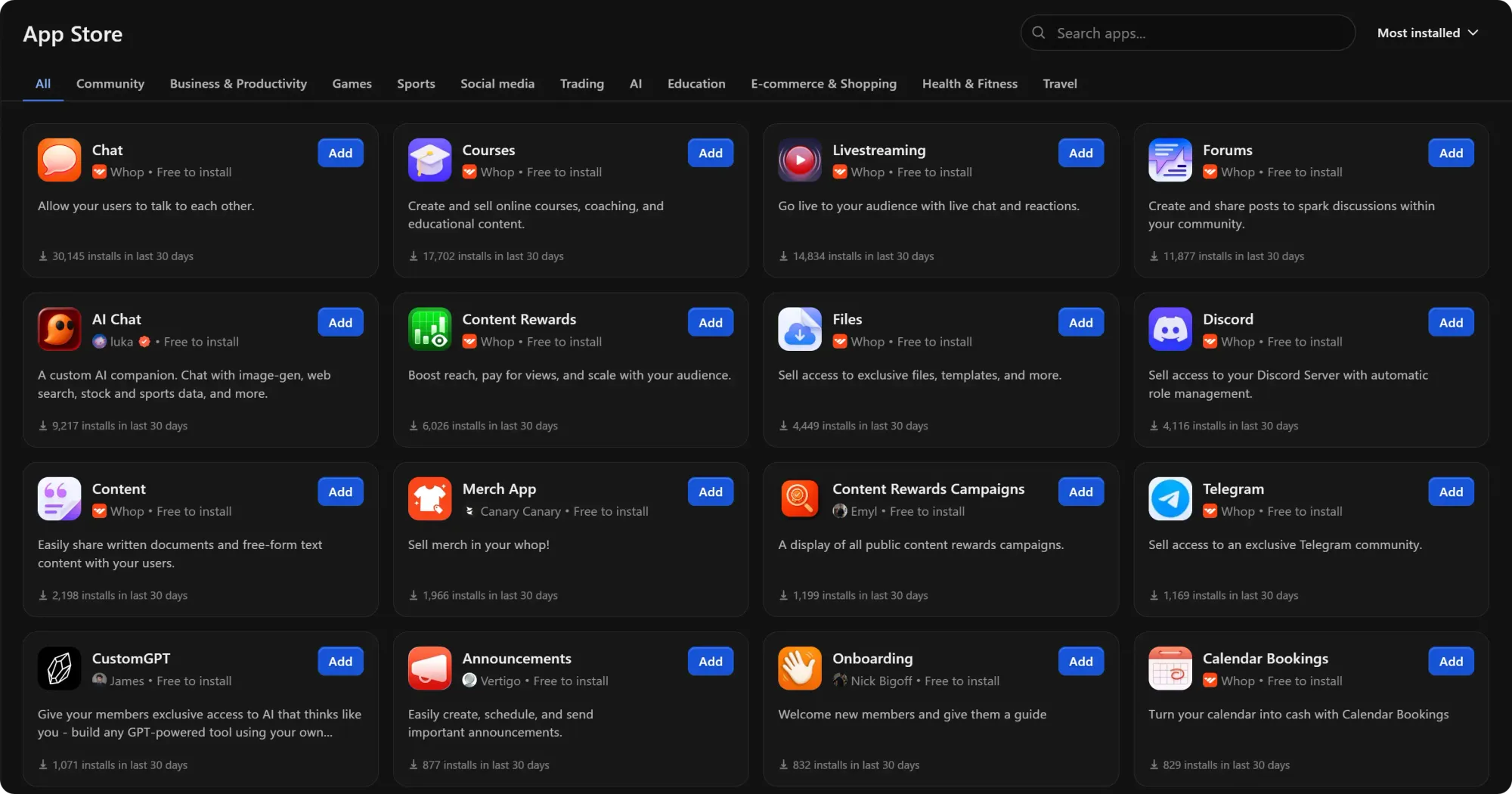 The App Store page on Whop