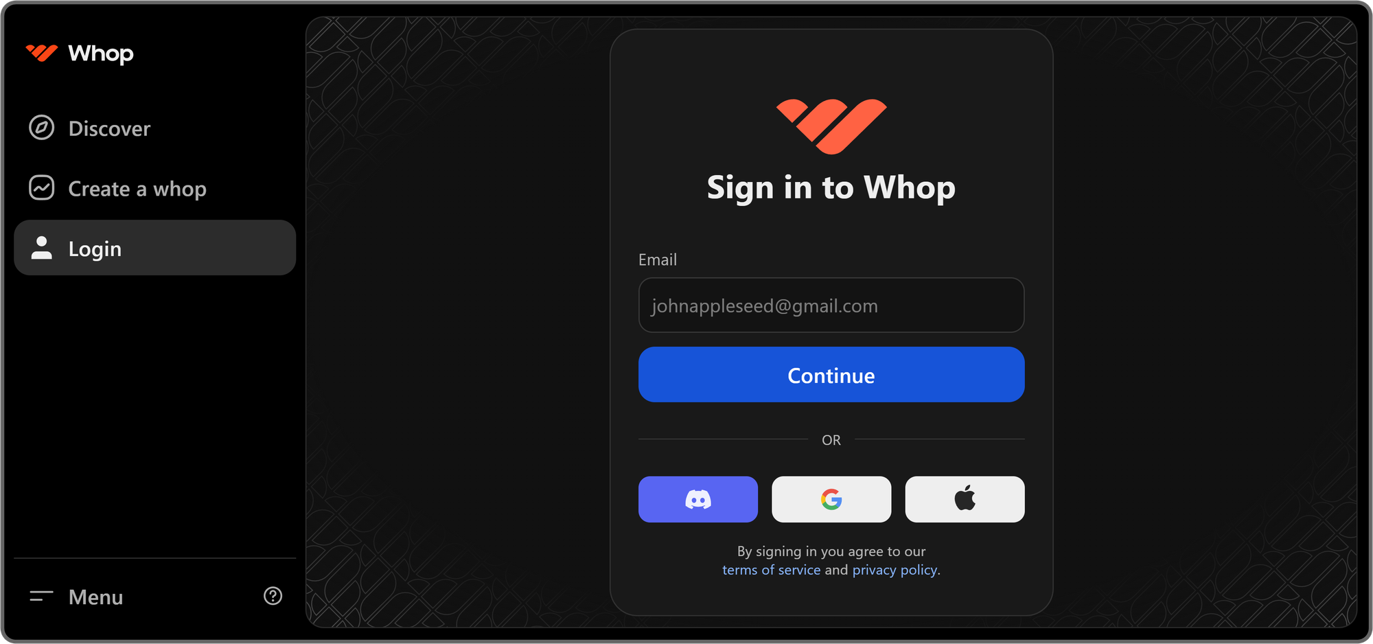 Whop login page