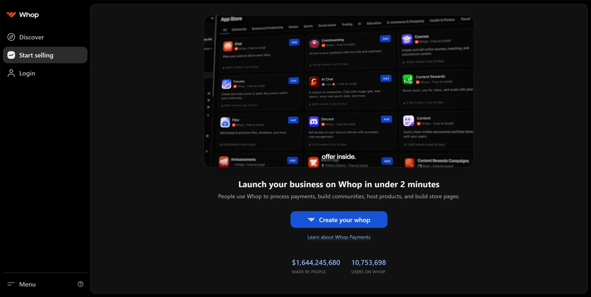 Whop's start selling page