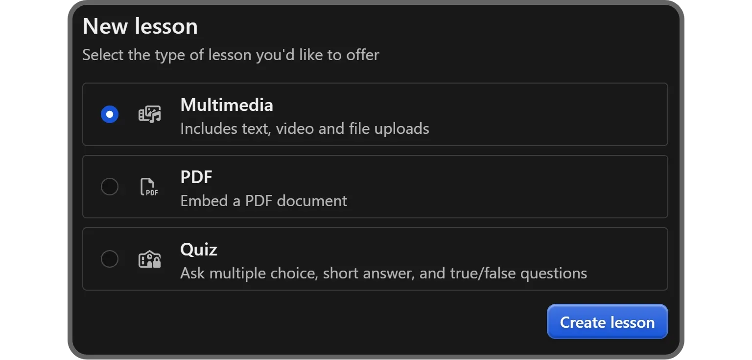 The lesson types available on the Courses app on Whop
