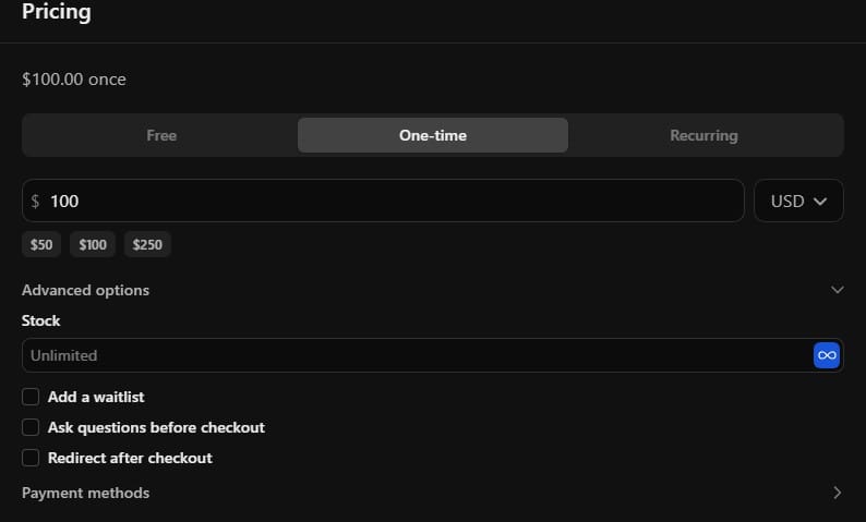 Whop product creation page