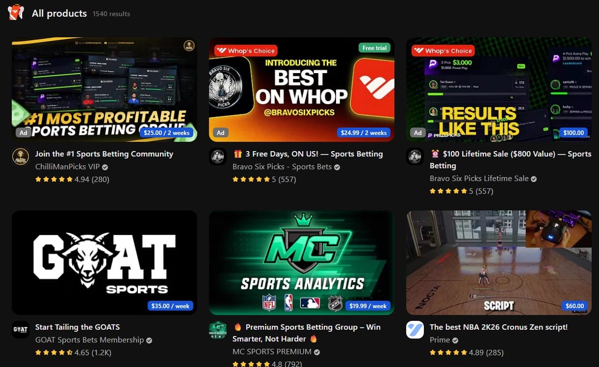 whop discover sports page