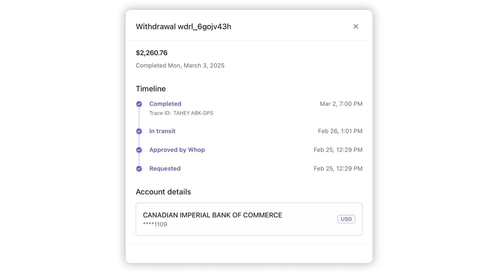 Whop withdrawal modal