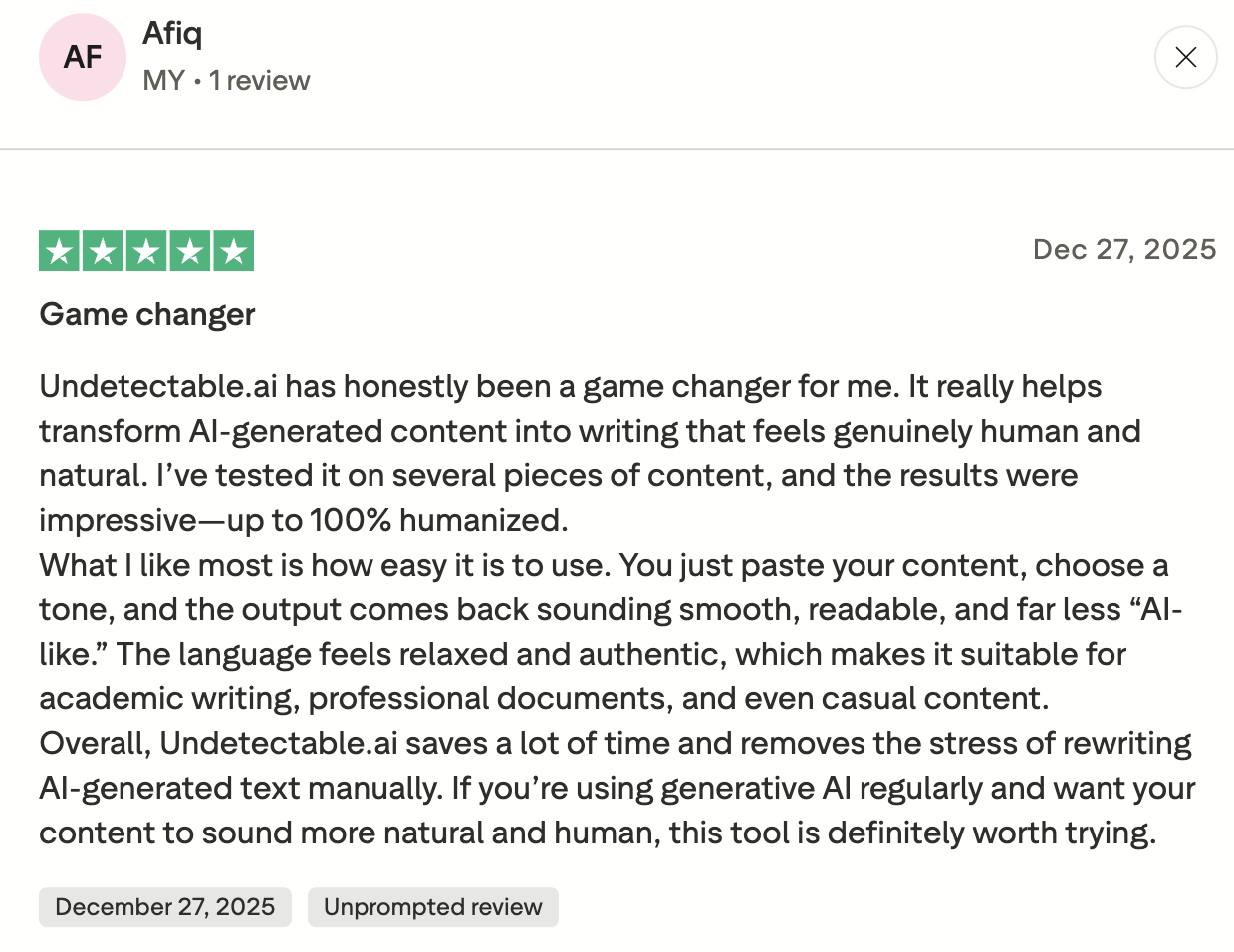 Undetectable AI review