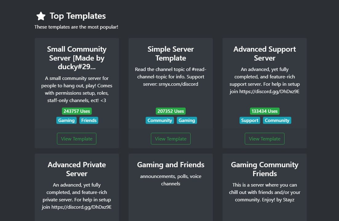 A screenshot of Discord Templates website