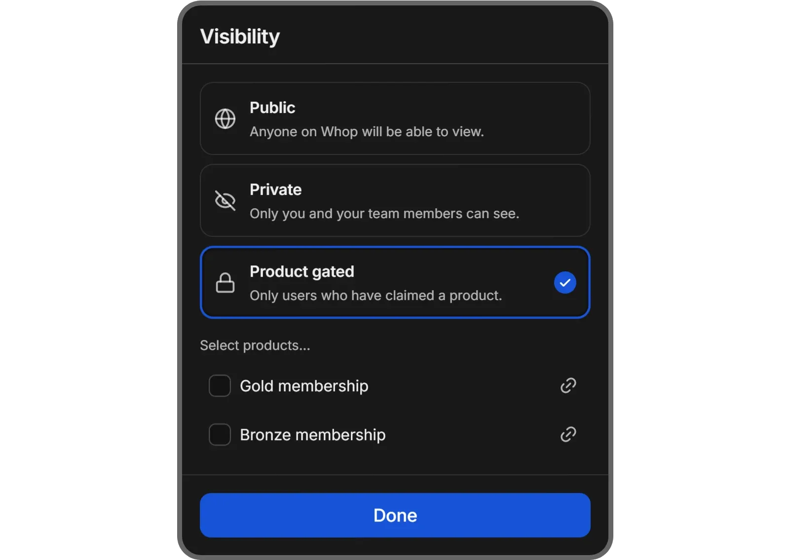 The visibility setting popup of the Discord app on Whop