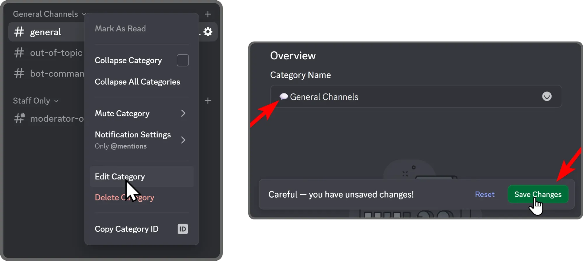 Process of adding an emoji to a Discord category name