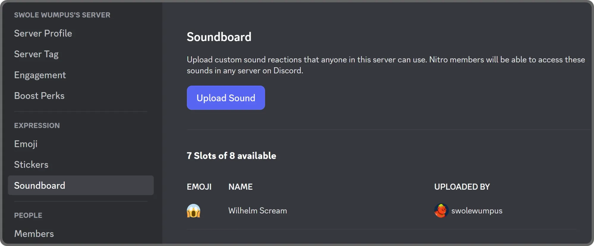 The Soundboard page of a Discord server's settings