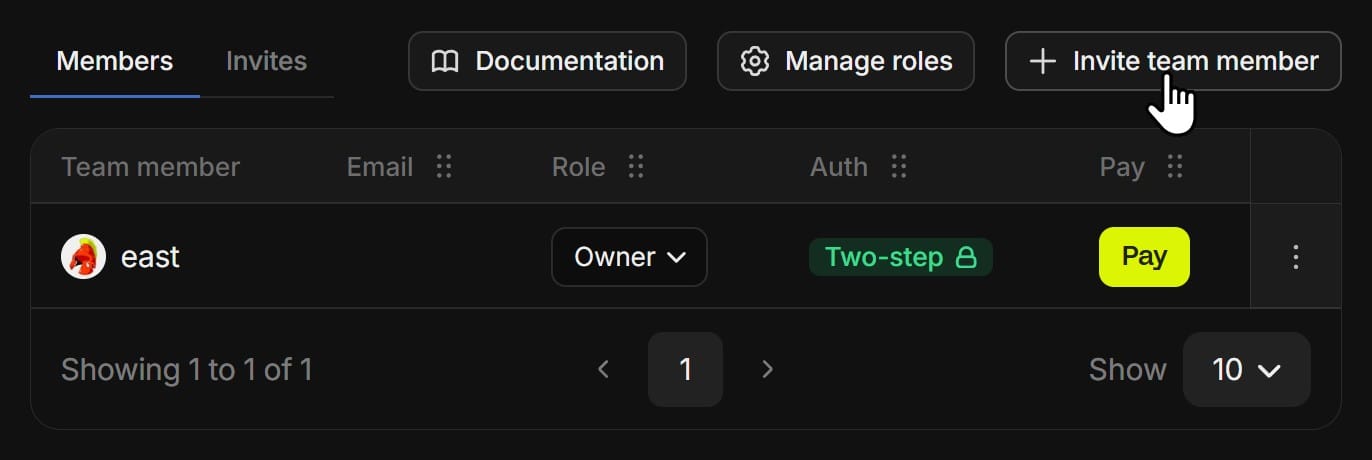 Team page of a Whop dashboard