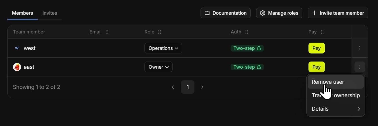 Steps of removing a user from a whop team on Whop