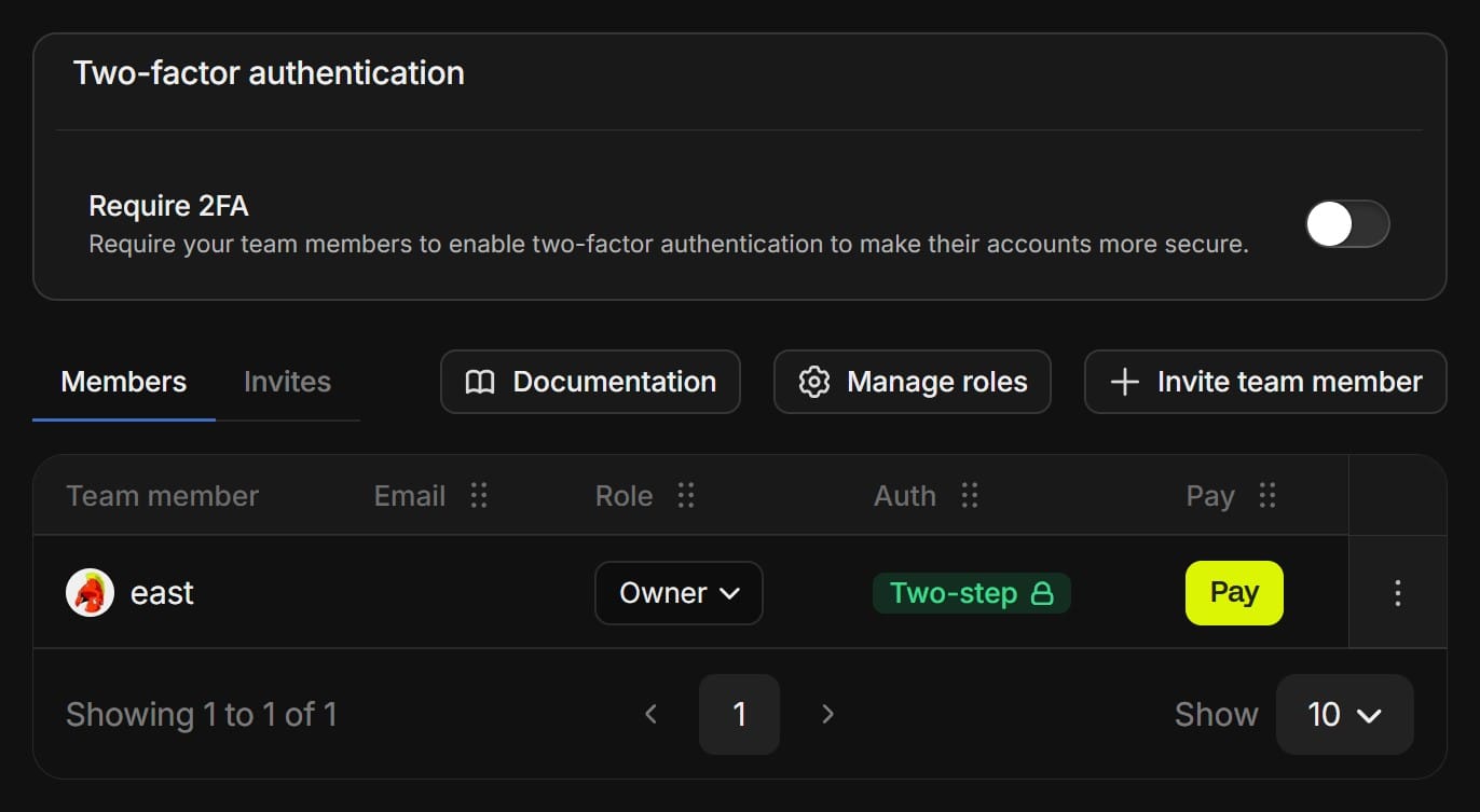 Team page of a Whop dashboard