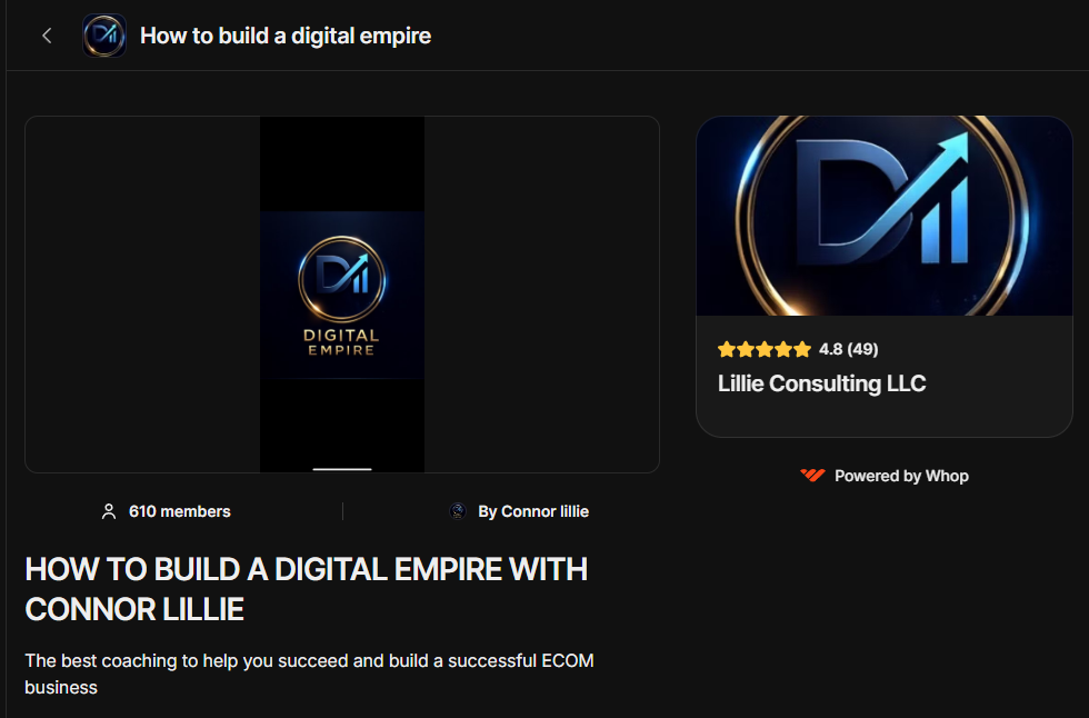 screenshot of a whop discover business, 'how to build a digital empire with connor lillie'
