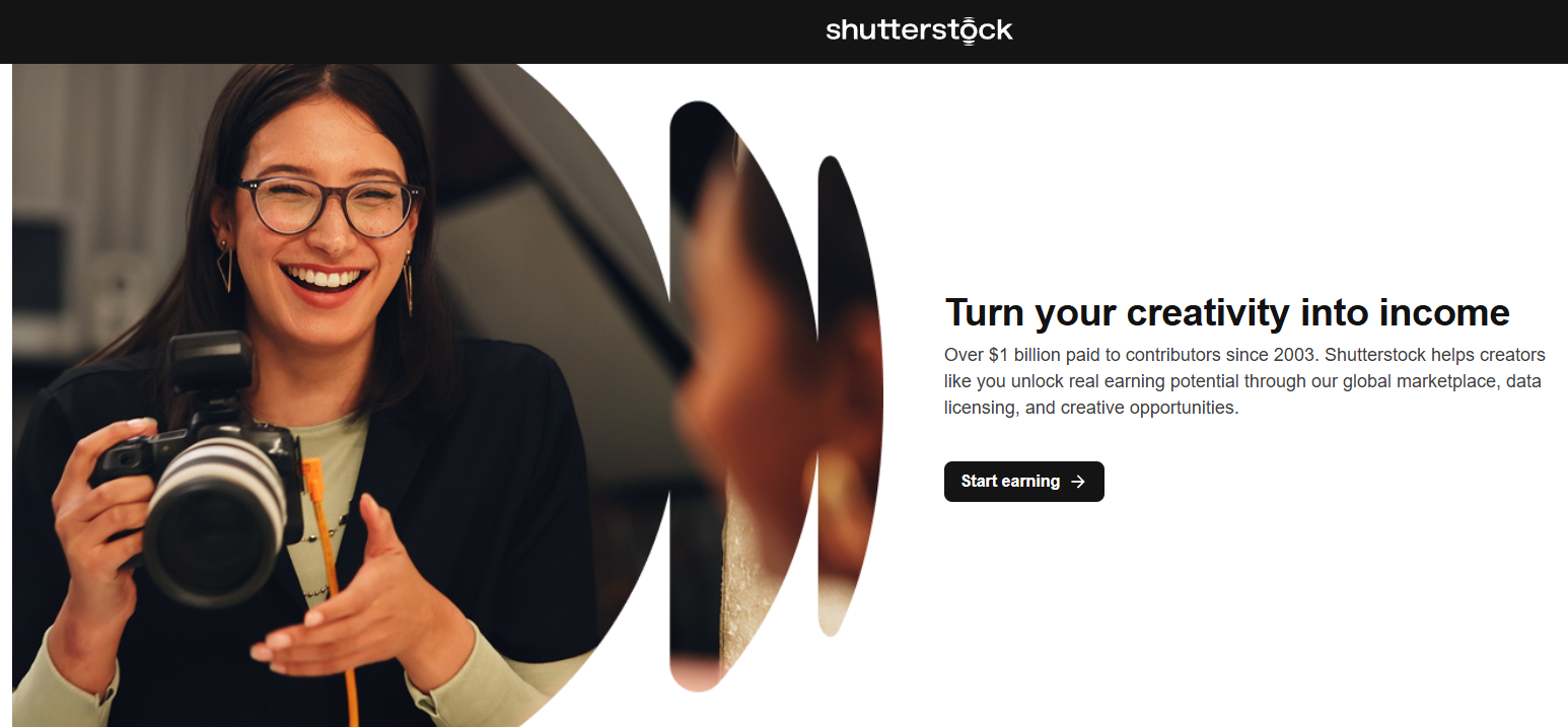 a screenshot of the shutterstock website, with an image of a woman who smiles as she holds a digital camera