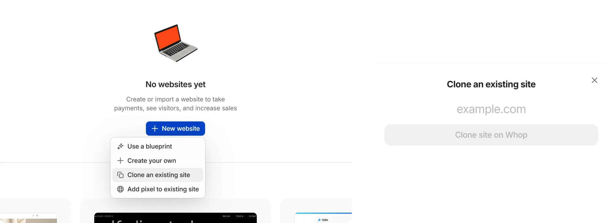 Flow of cloning a website with Whop Websites