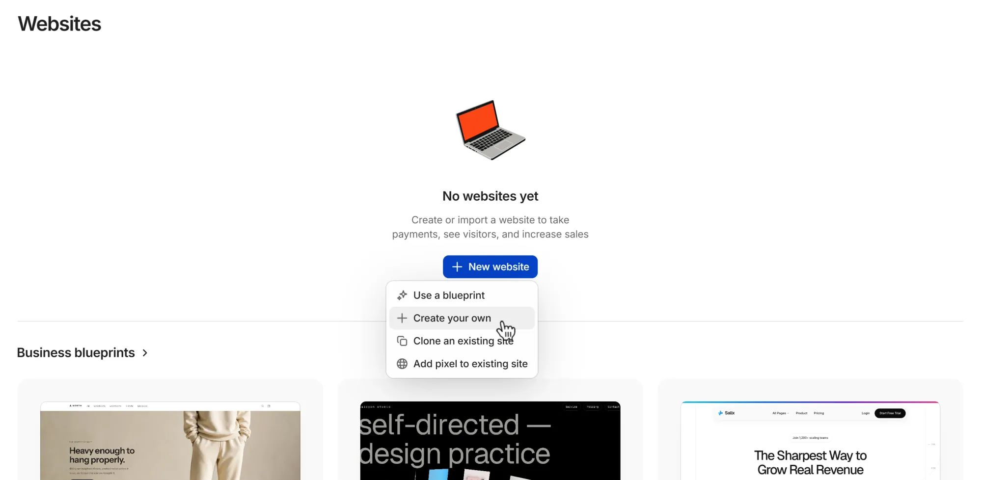The Websites tab of a business dashboard at Whop.com