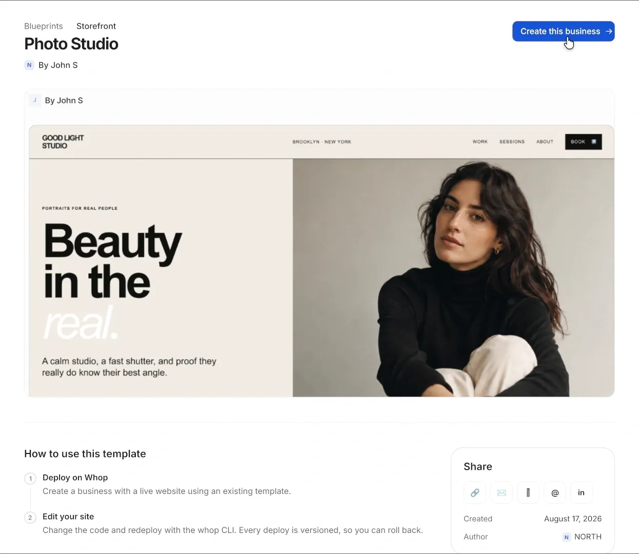 A Whop Website blueprint details page