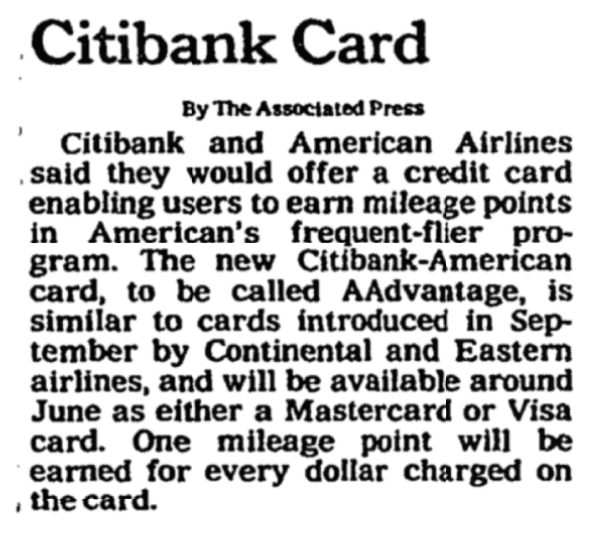 Citibank Card news, as seen in the New York Times, Friday, April 3rd, 1987