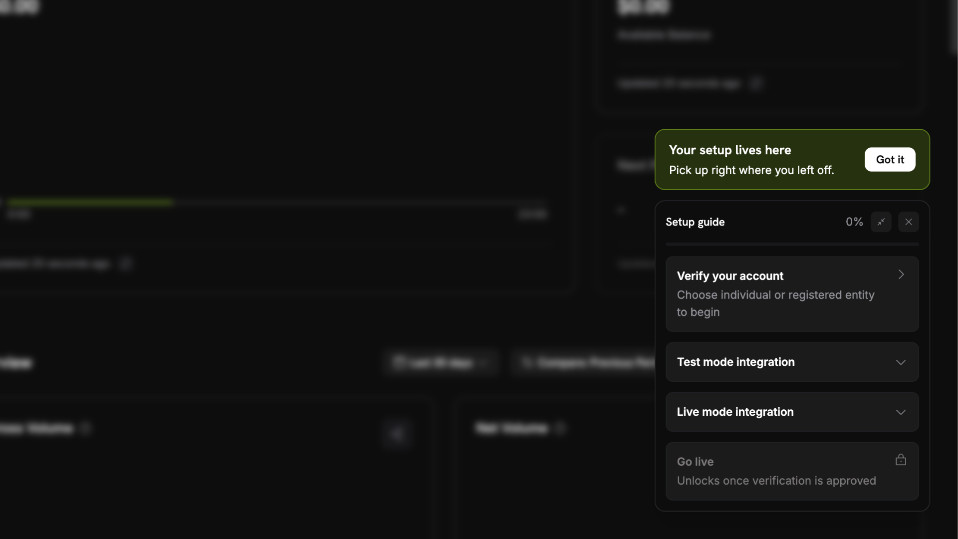 Screenshot showing Dodo Payments' setup guide which covers four steps: verification, test mode integration, live mode integration, and go live.