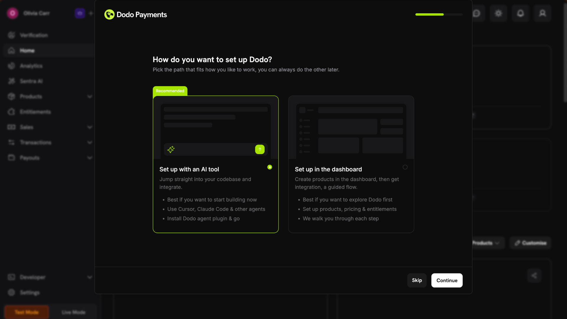 A screenshot during Dodo Payments registration which asks the user whether they want to set up via an AI tool or the dashboard.