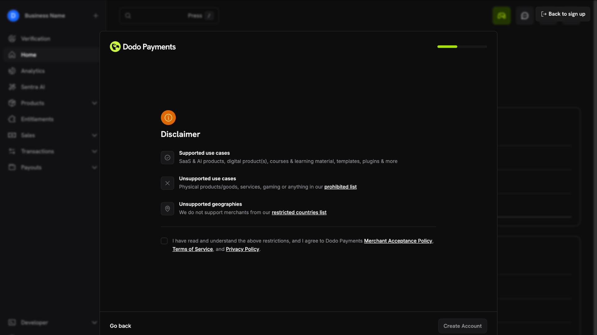 Preview of the signup disclaimer when registering an account with Dodo Payments.