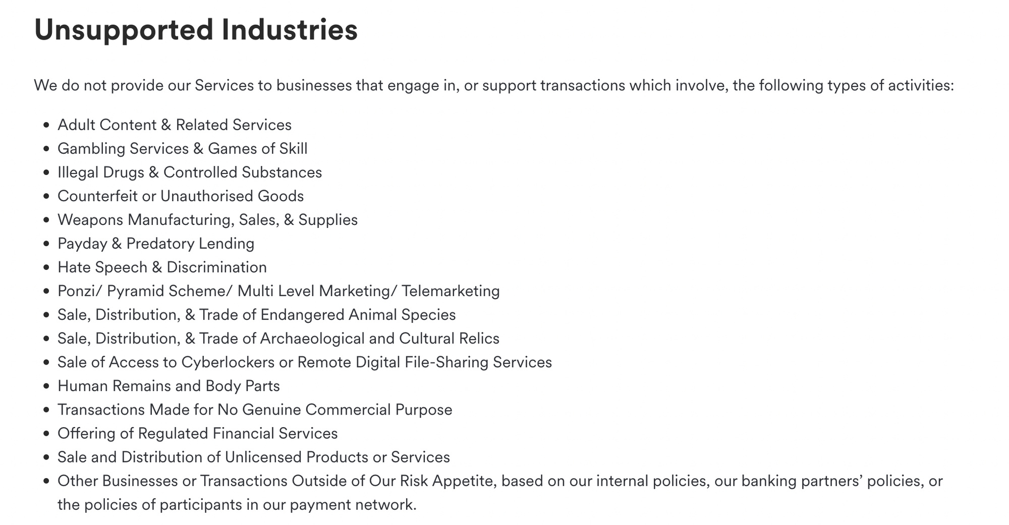 airwallex unsupported industries