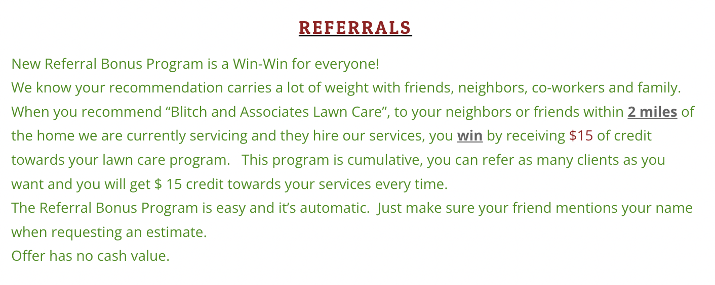 blitch and associates lawn care referral plan