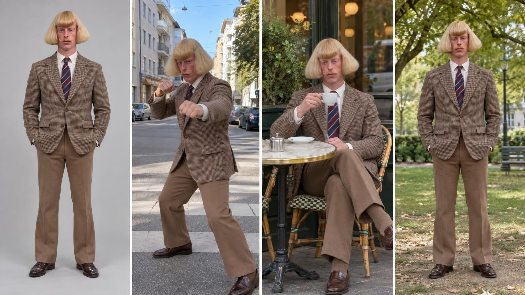 A character reference shot on the left, and the same character in three everyday scenes Jean Phil - A character reference shot on the left, and the same character in three everyday scenes