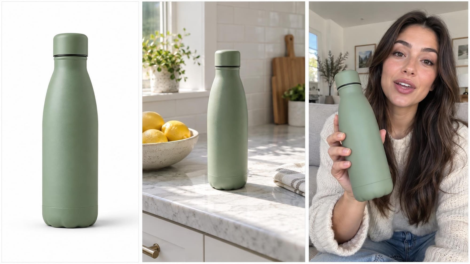 A product photo on white, the same product in a kitchen, and a video still of a presenter holding it A product photo on white, the same product in a kitchen, and a video still of a presenter holding it