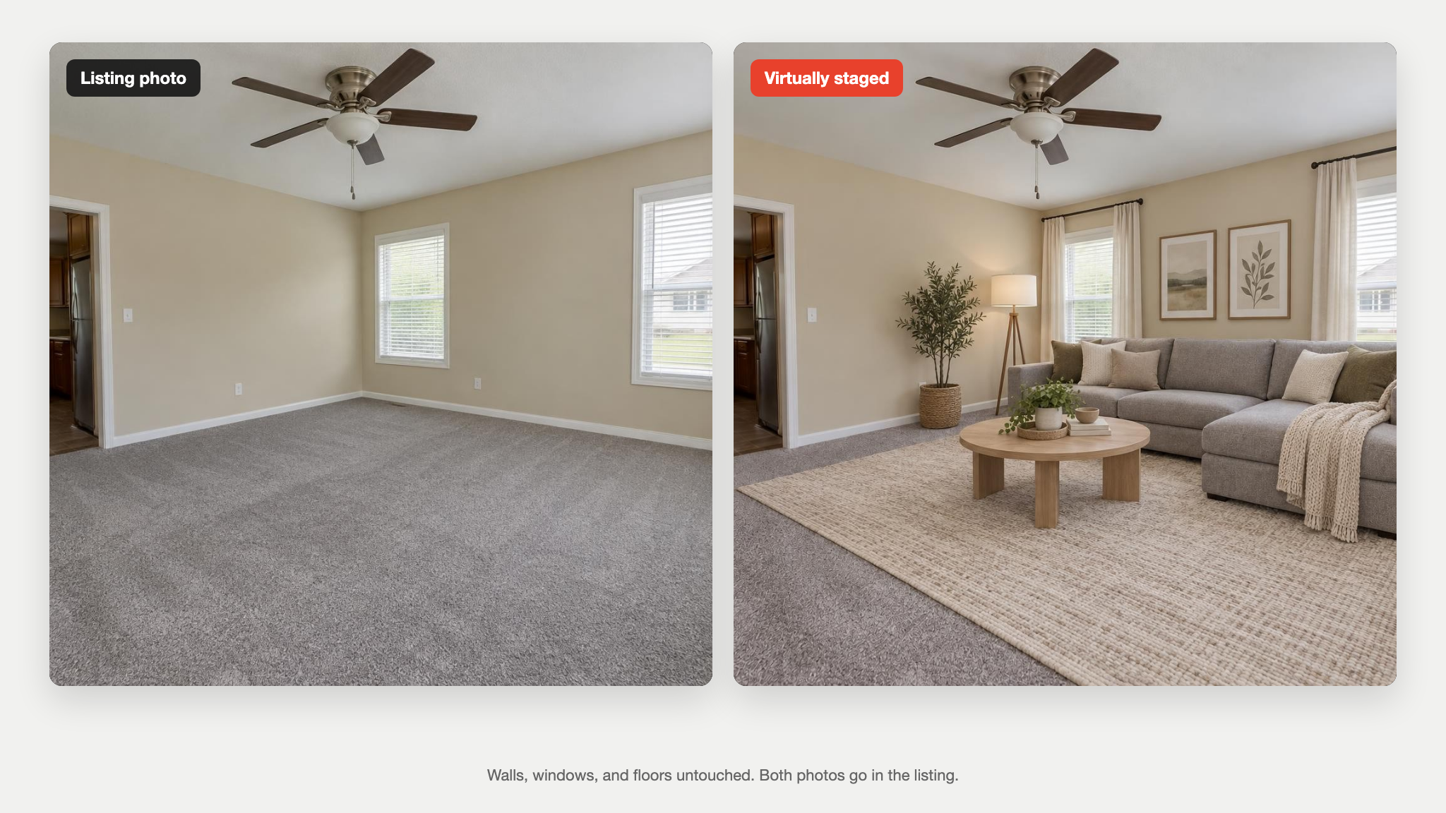 An empty room from the listing photos, and the same room virtually staged An empty room from the listing photos, and the same room virtually staged