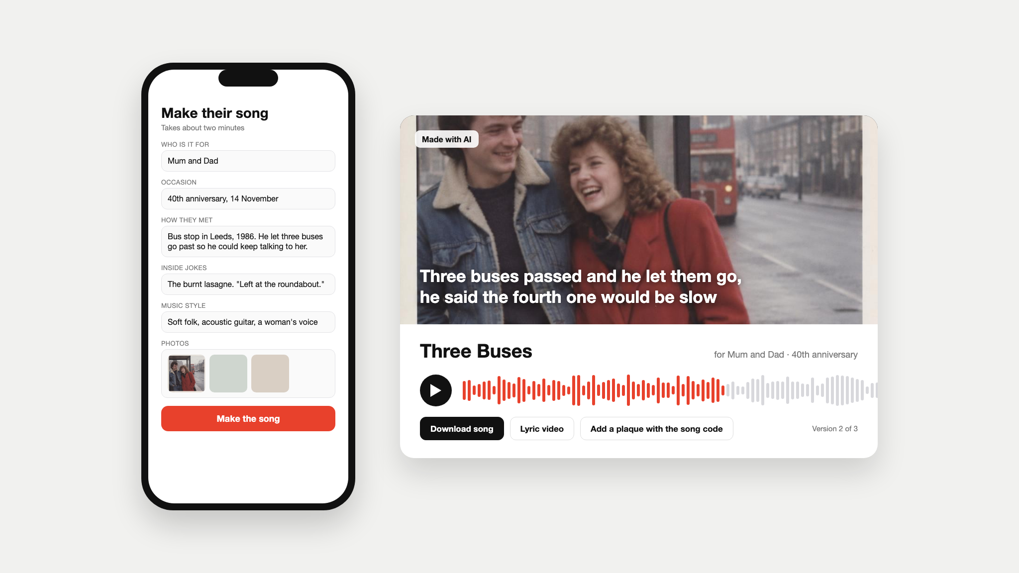 The order form, and the finished song with its lyric video, download, and plaque option The order form, and the finished song with its lyric video, download, and plaque option