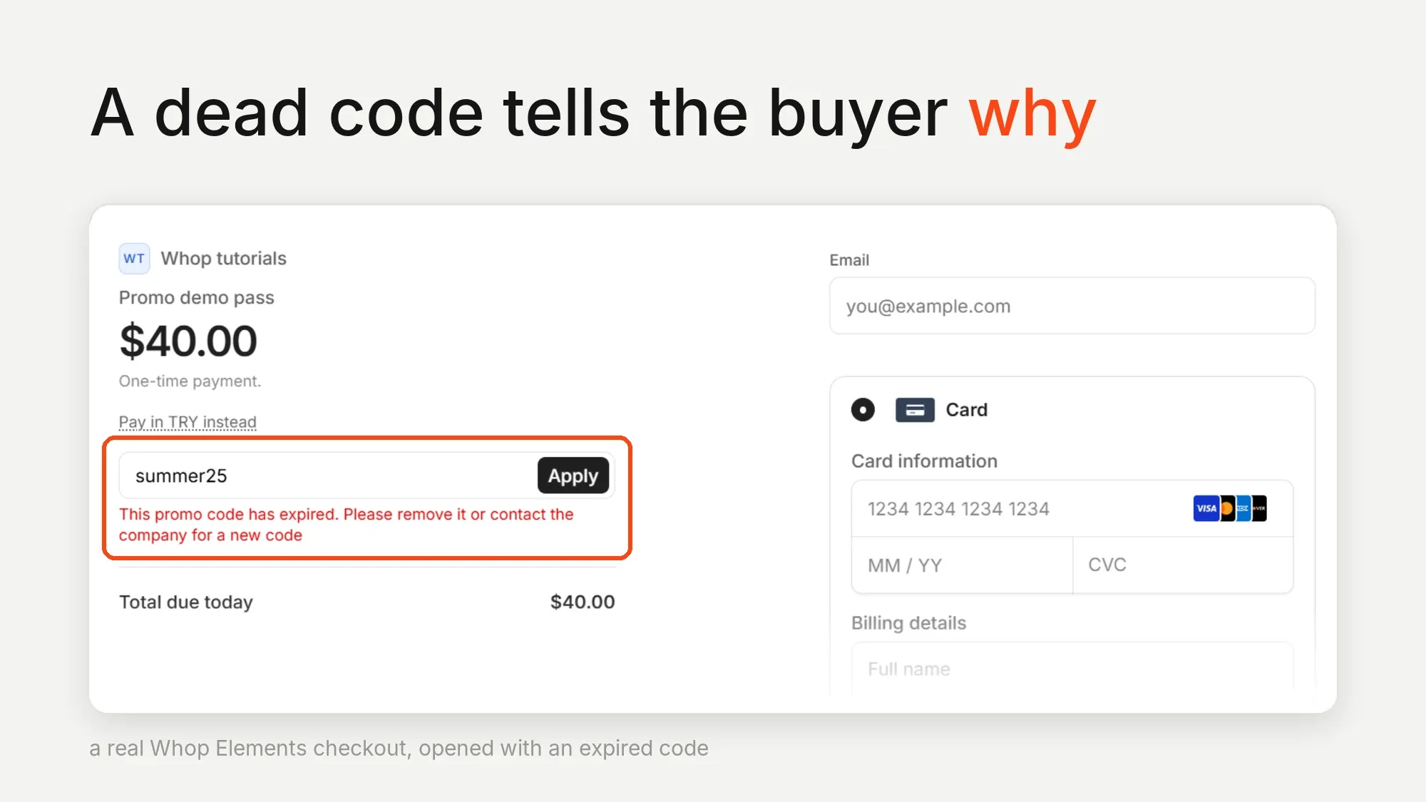 An expired promo code in the Whop Elements checkout