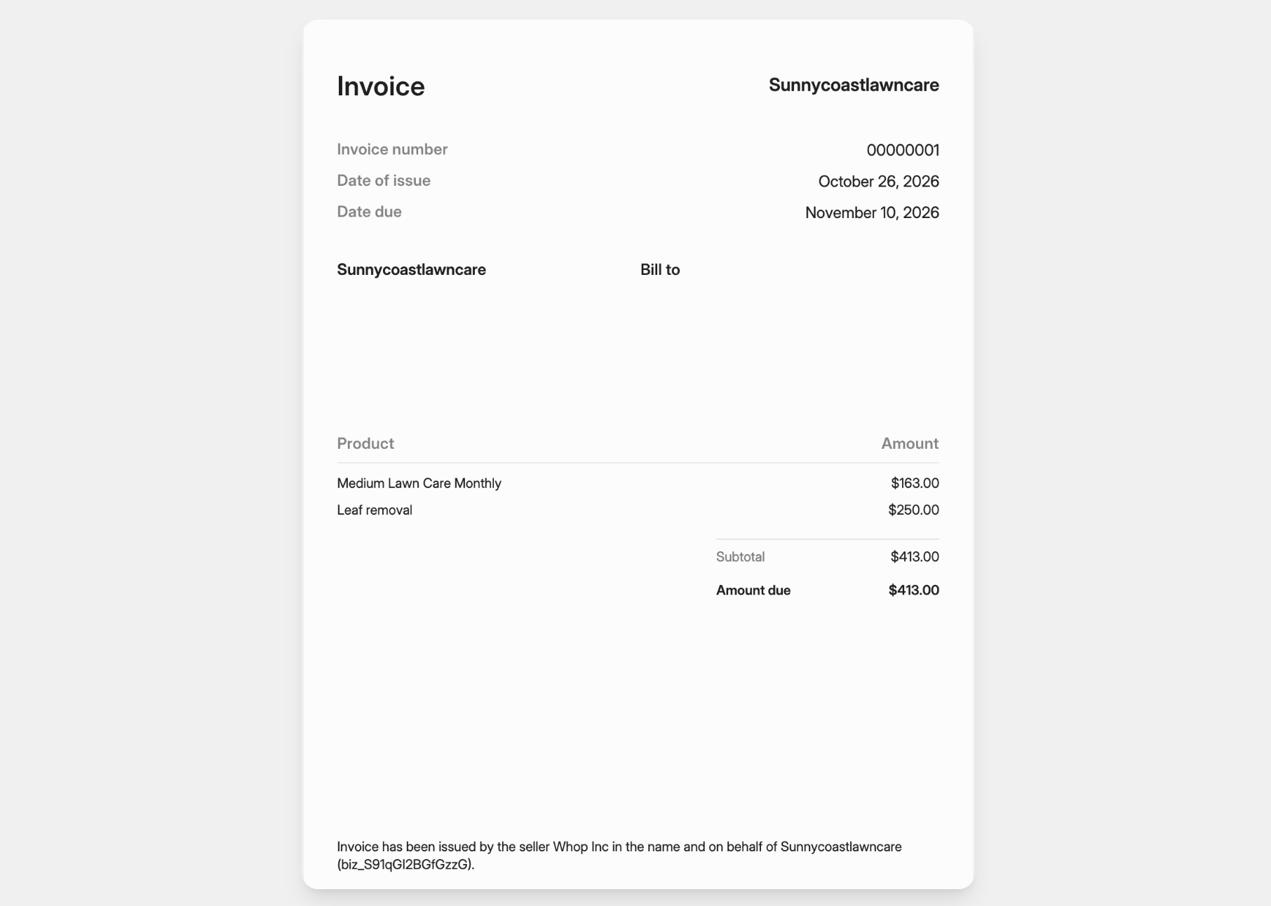 Whop lawn care invoice