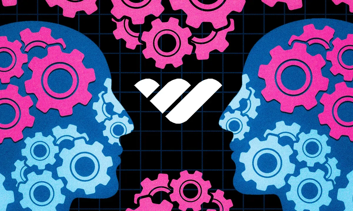 two faces with cogs and the whop symbol