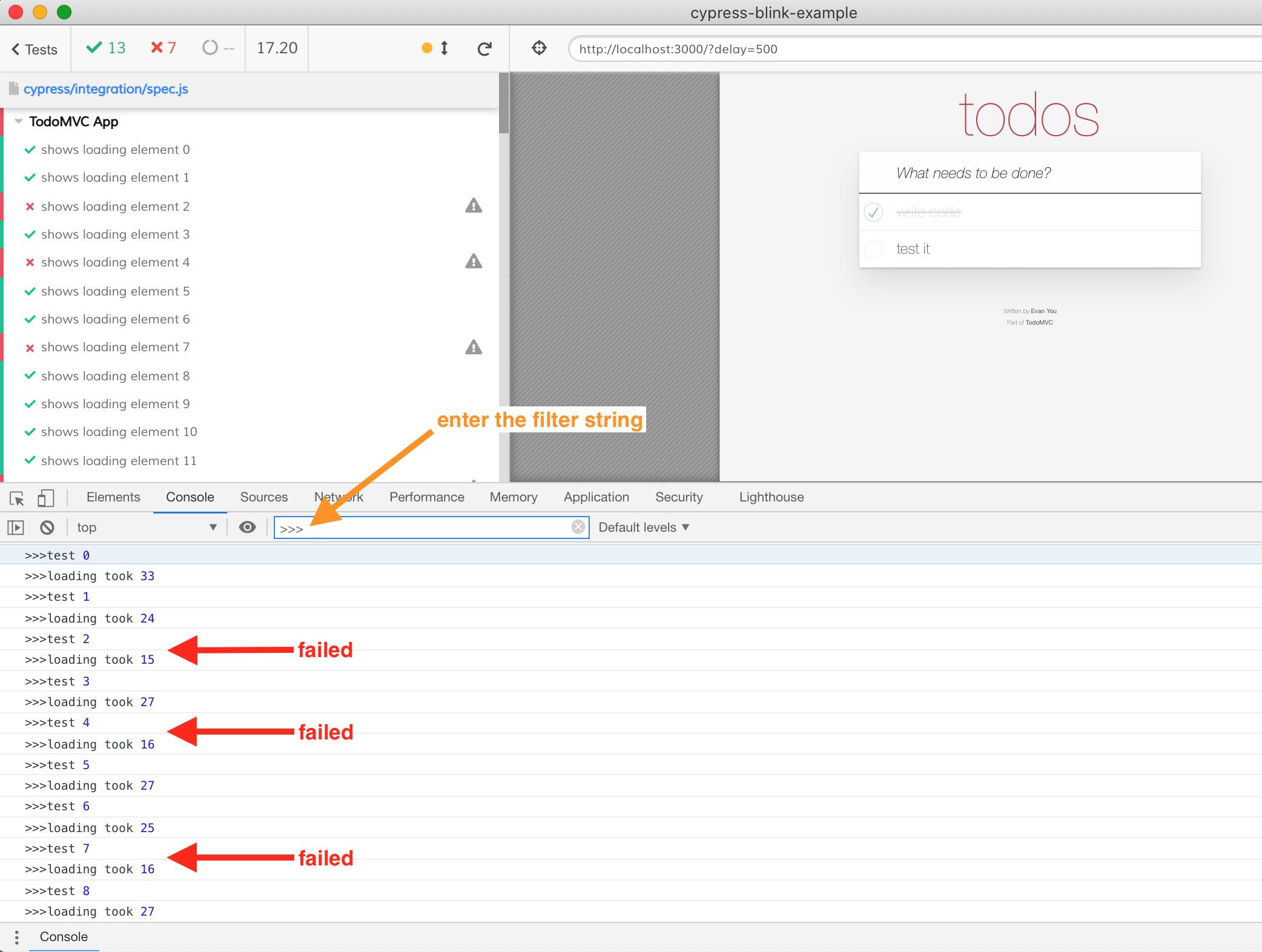 duration in each test with failing tests marked