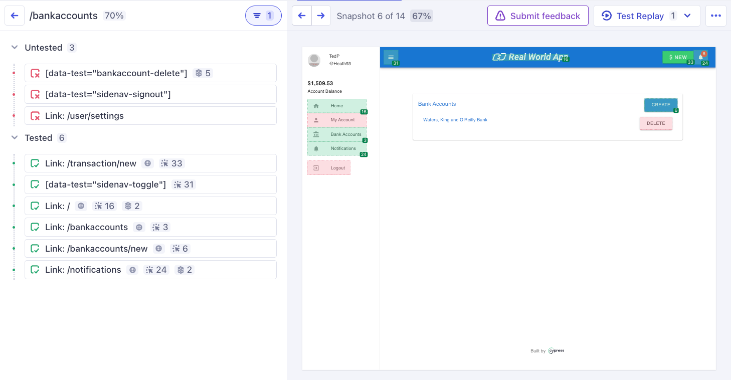 UI Coverage in Cypress Cloud showing a range of tested and untested elements in the Cypress Real World App