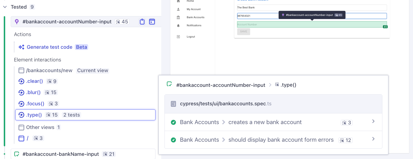 An example of a pinned element with 45 test interactions, of which 15 are clicks, spread across two tests. The pinned element is highlight in green on the right hand side of the screen.