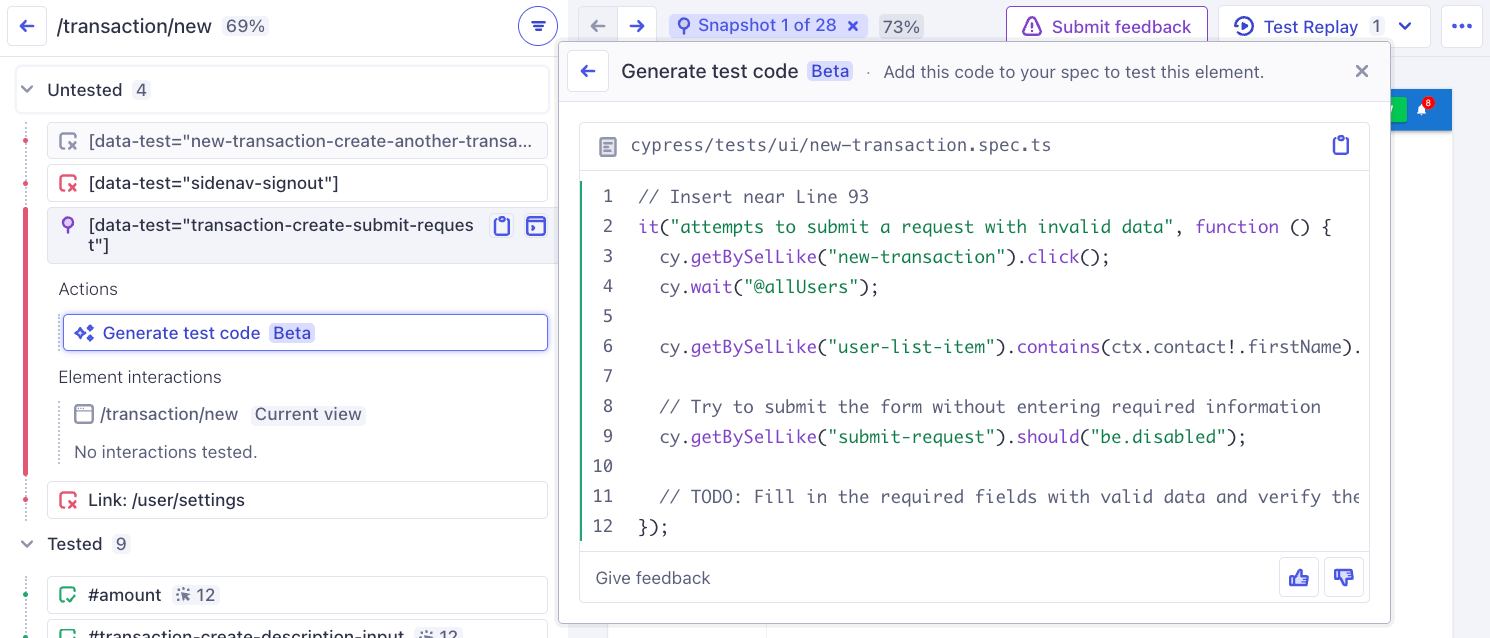 The "generate test code" button is active and shows the generated code for clicking the "Request Transaction" button. The test code uses the existing custom command `getBySelLike` to query for the elements